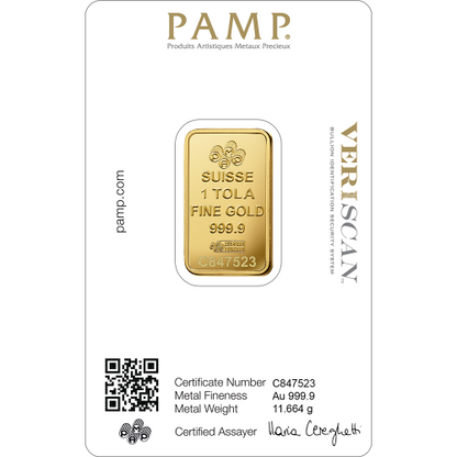 1 Tola PAMP Suisse Gold bar 999.9 Purity