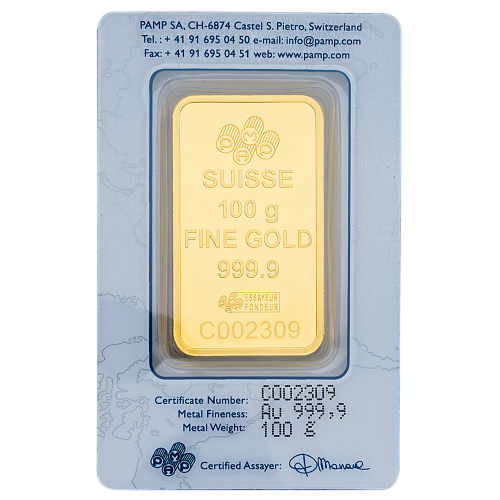 100 Gm PAMP Suisse Gold bar 999.9 Purity