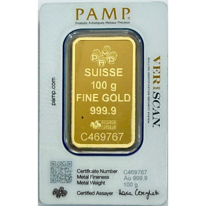 100 Gm PAMP Suisse Gold bar 999.9 Purity