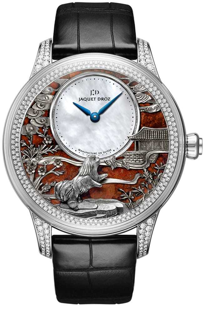 Jaquet Droz Petite Heure Minute Relief Dog White Gold Diamonds