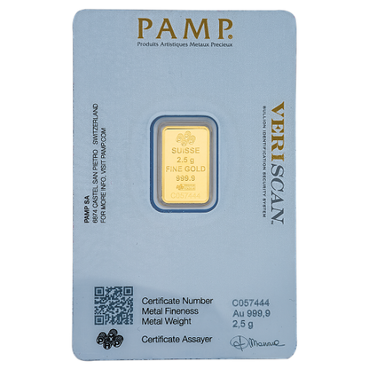 2.5 Gm PAMP Suisse Gold bar 999.9 Purity