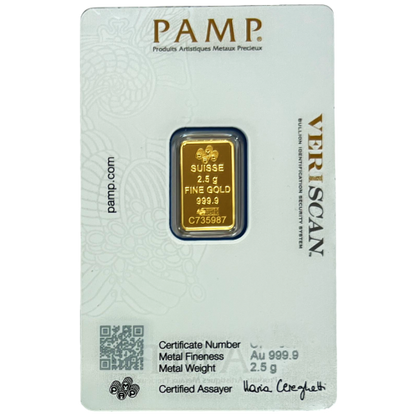 2.5 Gm PAMP Suisse Gold bar 999.9 Purity