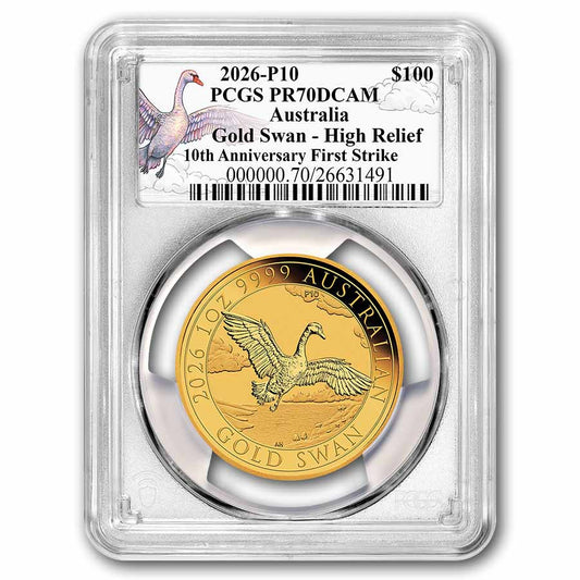 2026 AUS 1 oz Gold Swan PR-70 PCGS DCAM HR (FS, 10th Anni. Label)