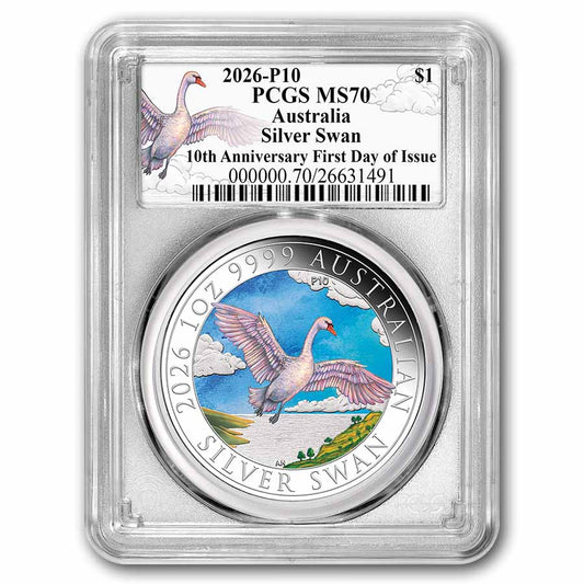 2026 AUS 1 oz Silver Swan Colorized MS-70 PCGS FDI Ann Swan Label