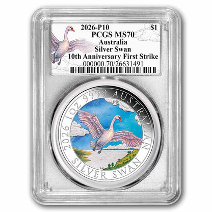 2026 AUS 1 oz Silver Swan Colorized MS-70 PCGS FS Ann. Swan Label