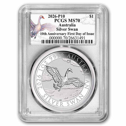 2026 AUS 1 oz Silver Swan MS-70 PCGS FDI (Anniversary Swan Label)