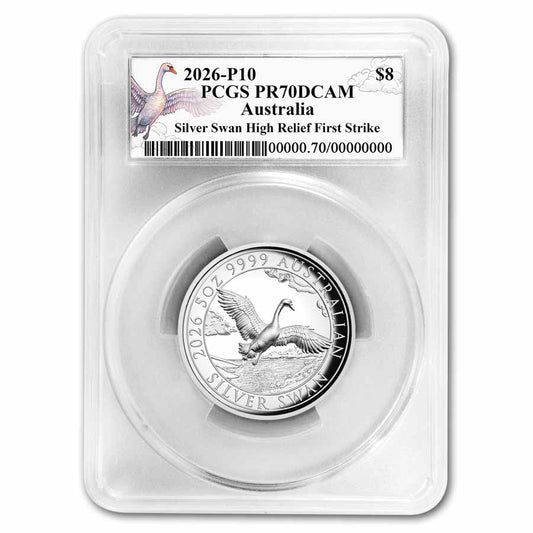 2026 AUS 5 oz Silver Swan PR-70 PCGS DCAM HR FS, 10th Ann. Label
