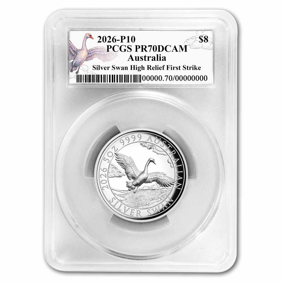 2026 AUS 5 oz Silver Swan PR-70 PCGS DCAM HR FS, 10th Ann. Label