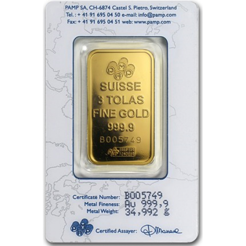 3 Tola PAMP Suisse Gold bar 999.9 Purity