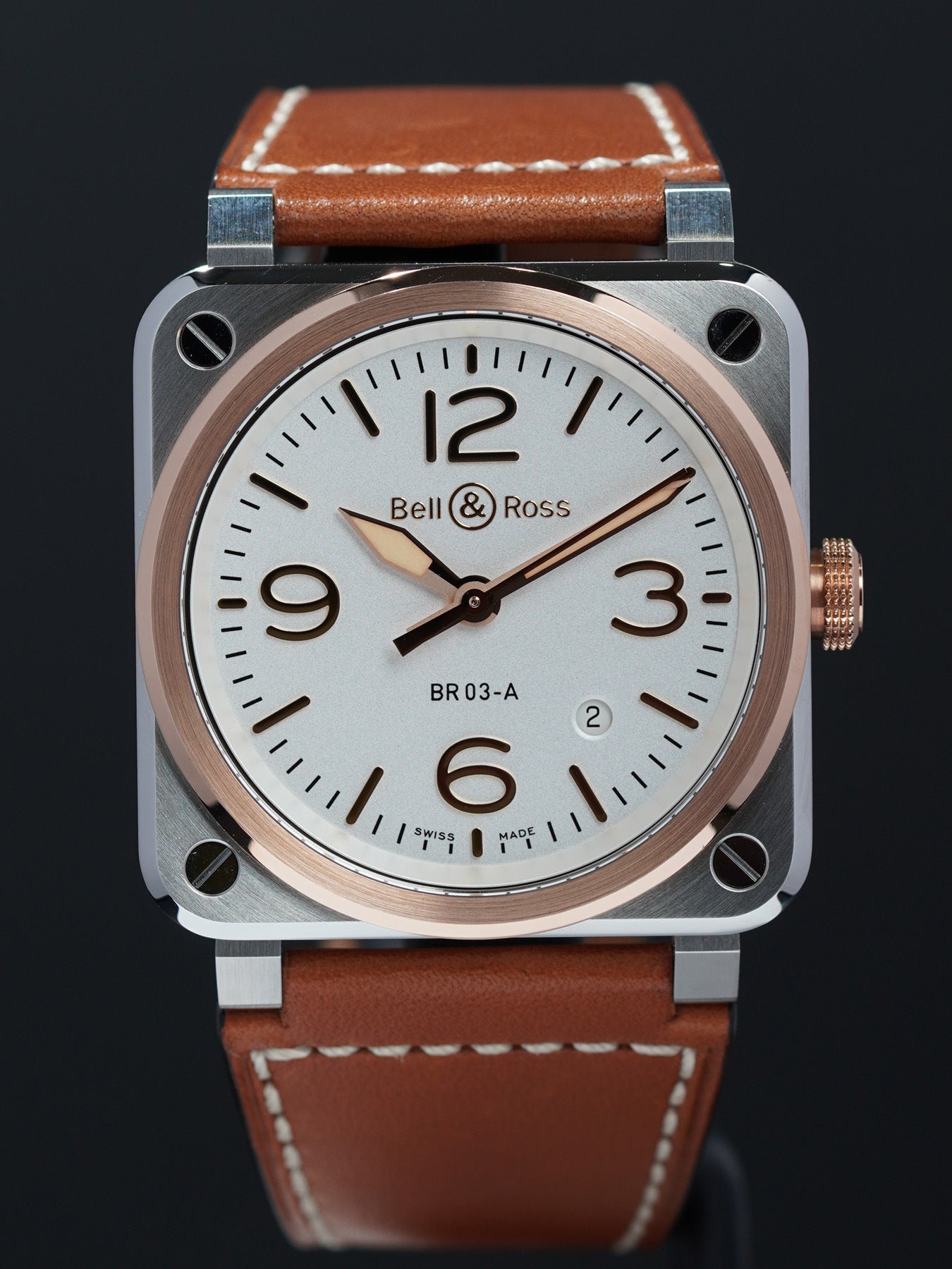 Bell & Ross BR03A-WH-STPG\/SCA White Steel Gold Calfskin Strap