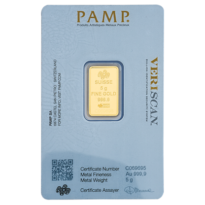 5 Gm PAMP Suisse Gold bar 999.9 Purity