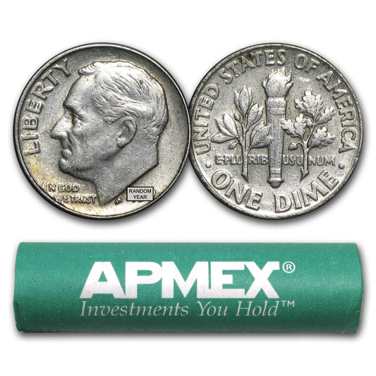90% Silver Roosevelt Dimes 50-Coin Roll Avg Circ