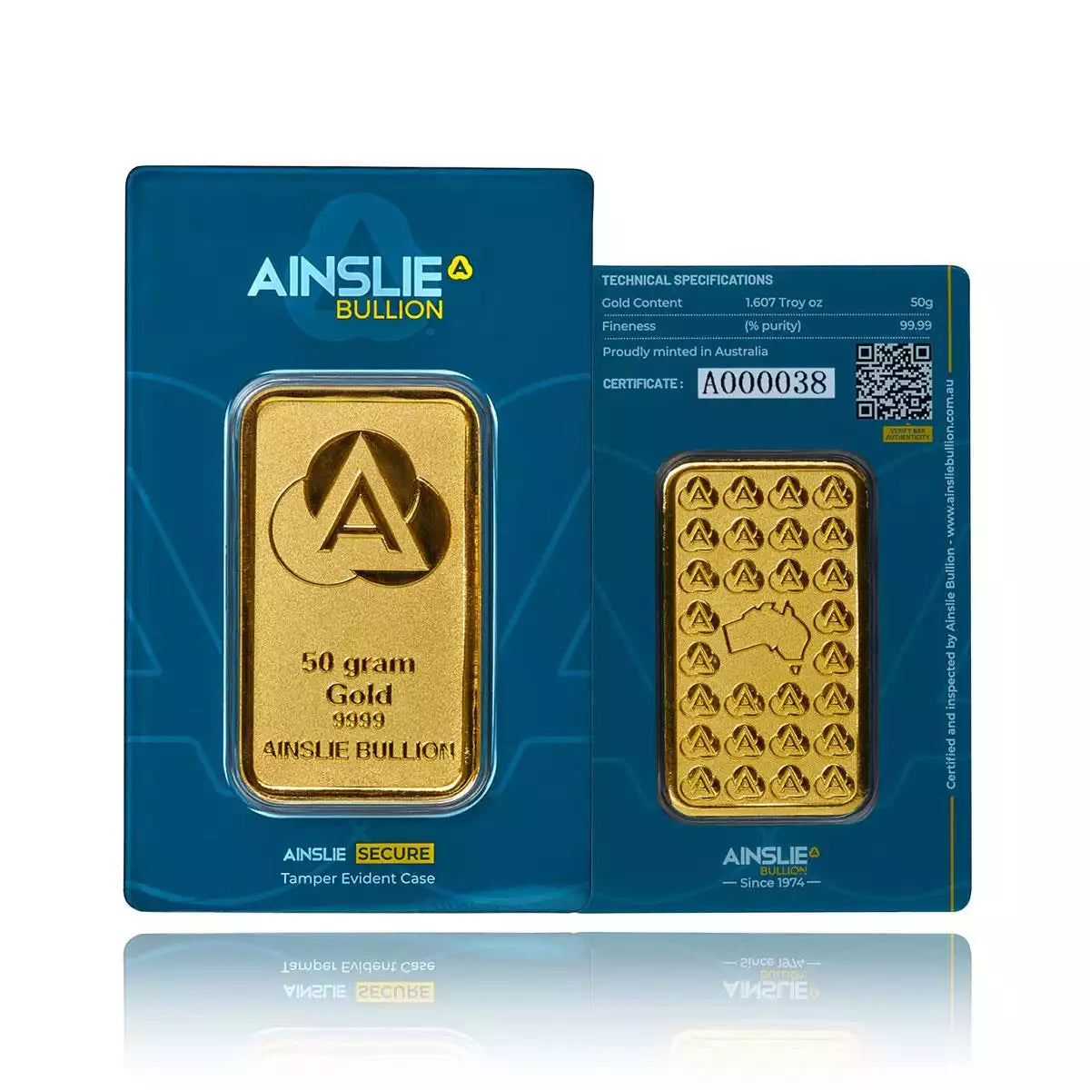 50g Ainslie Minted Gold Bar