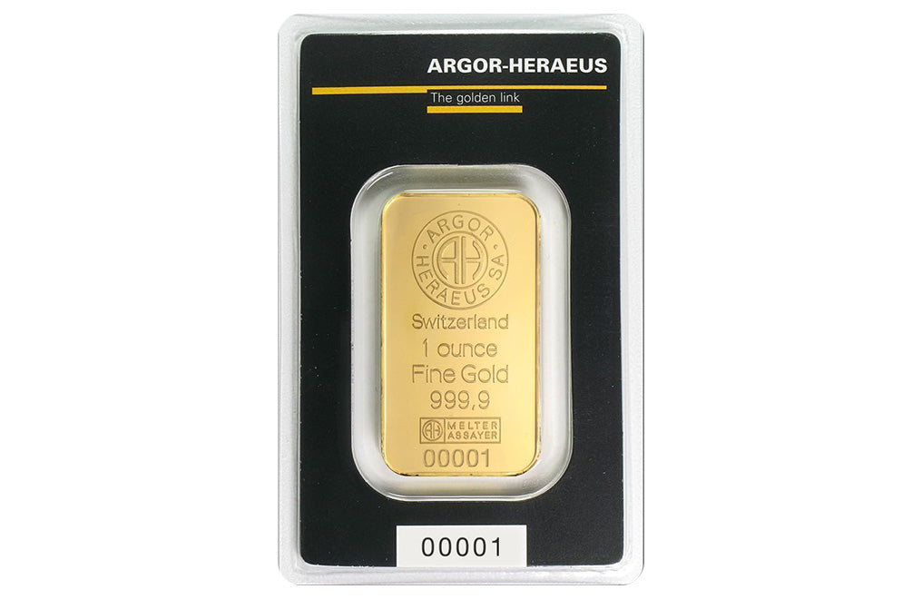 1 oz Gold Bars - Argor Heraeus (w/ assay)