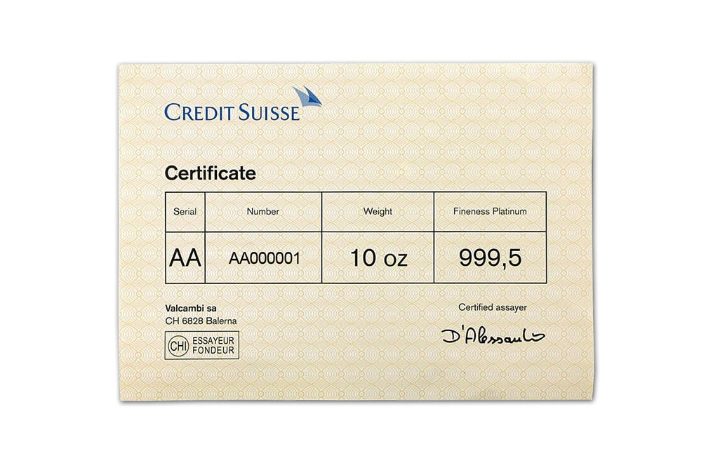 10 oz Platinum Credit Suisse Bars (w/assay certificate)