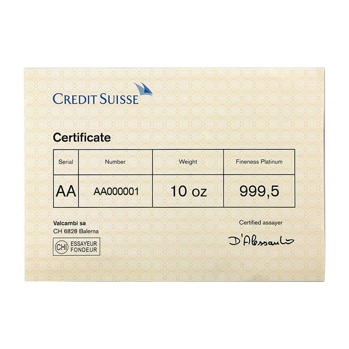 10 oz Platinum Credit Suisse Bars (w/assay certificate)