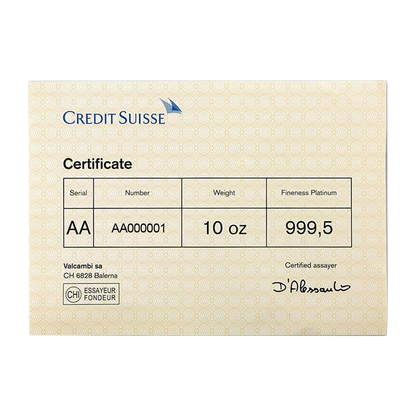 10 oz Platinum Credit Suisse Bars (w/assay certificate)