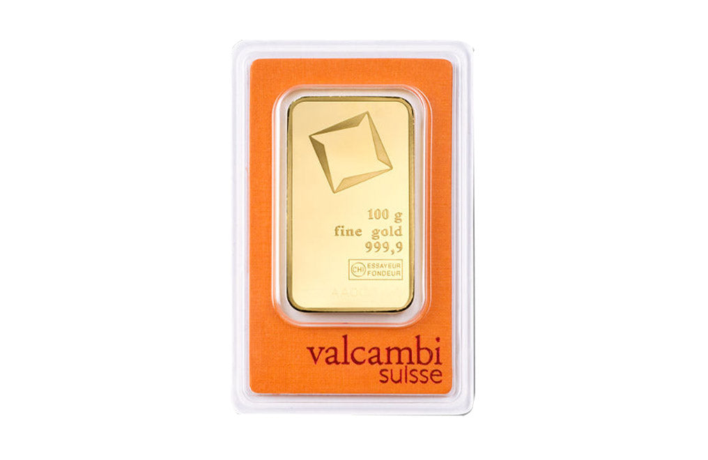 Valcambi Suisse 100 g Gold Minted Bars (w/ assay)