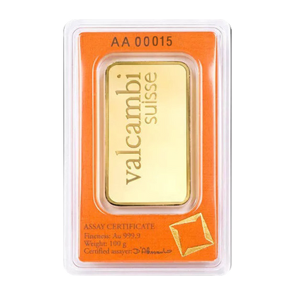 Valcambi Suisse 100 g Gold Minted Bars (w/ assay)