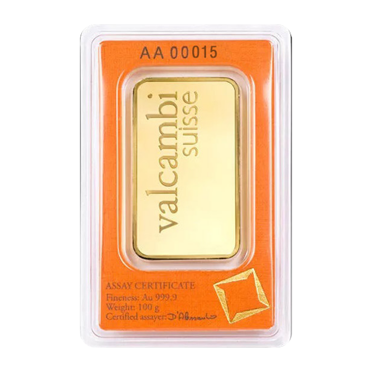 Valcambi Suisse 100 g Gold Minted Bars (w/ assay) [Ships week of Oct.12]