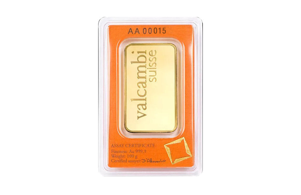Valcambi Suisse 100 g Gold Minted Bars (w/ assay)
