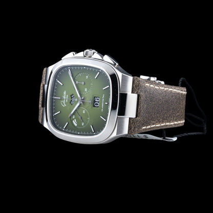 Glashütte Original 1-37-02-09-02-62 Seventies Chronograph Panorama Date Fab Green on Leather Strap
